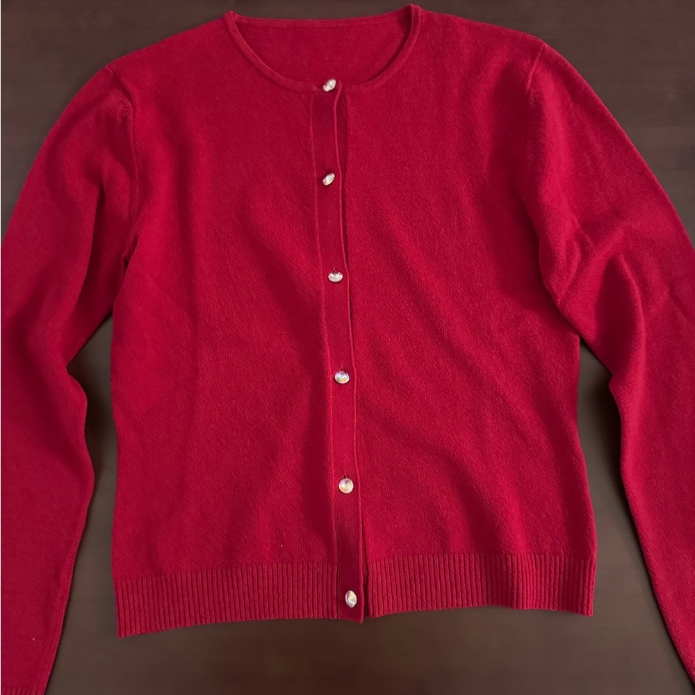 Women’s red wool sweater with diamond style buttons size L